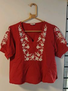 Red Embroidered Peasant Top