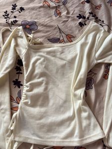 Cream Ruched Tie-Up Top