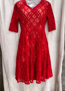 7238. Red Lace Fit and Flare Dress