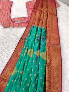 Elegant Teal & Red Banarasi Silk Saree