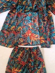 Tropical Print Ruffle Crop Top with Shorts and Jac