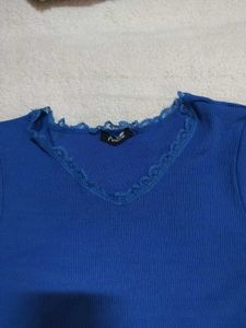 Royal Blue V-Neck T-Shirt with Lace Trim