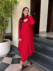 Vibrant Red Embroidered Kurta Set with Dupatta
