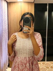 100%Cotton Pink Printed Nyra Cut kurti Set