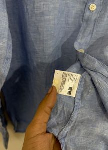 Men's Blue Linen Band Collar Shirt