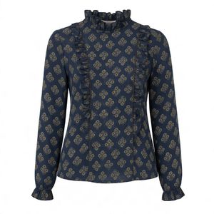Ruffle Neck Printed Long Sleeve Blouse
