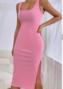 Pink Ribbed Midi Dress with Side Slit