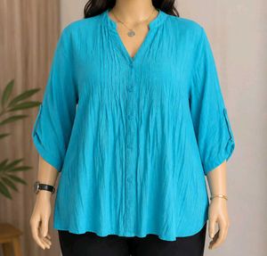 Plus Size Avella Blue Pleated V-Neck Tunic Top