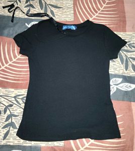Black Ribbed T-Shirt with Tie Detail