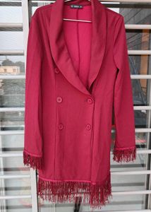 Maroon Double-Breasted Blazer with Fringe