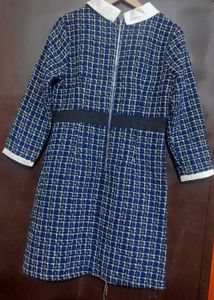 Blue &amp; White Winter Tweed Plaid Dress For 34 Bust