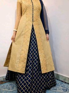 cotton silk Gold &amp; Navy Blue Lehenga Set