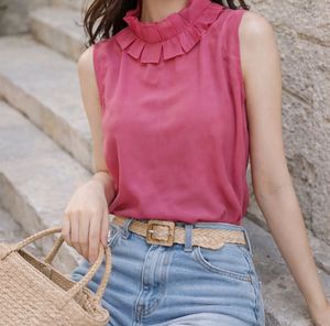 Chic Pink Ruffled Neck Sleeveless Top