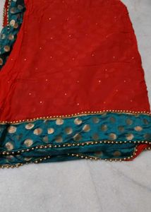 Red &amp; Teal Saree With Blouse