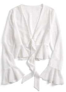 Chic White Tie-Front Ruffle Sleeve Top