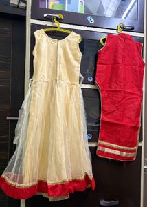 Cute Red &amp; Cream Girls' kurti cut lehenga