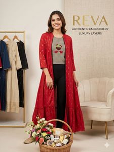Elegant Red Embroidered Long Shrug with Kurta