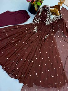 Elegant Brown Sequined Anarkali Kurta Set
