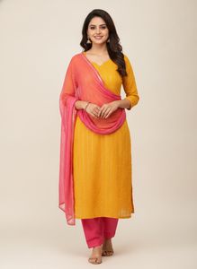 Yellow Kurti with Pink Salwar and Dupatta Set.