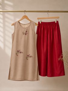 Embroidered Kurta with Red Bottom