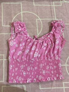 Pink Floral Smocked Crop Top