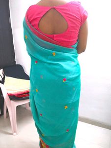 Beautiful Teal Saree with Pink Border