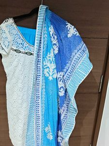 Designer White and Blue Kurta Set