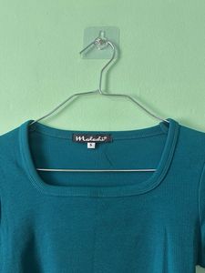 Teal Long Sleeve Square Neck Cropped Top