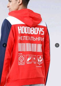 locomotive Men Red&amp; Navy Blue Printed Hooded