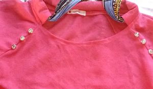 Chic Coral Top with Boho Tie-Neck &amp; Gold Button De