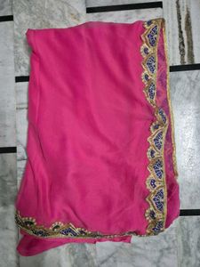 pink saree with blue lace