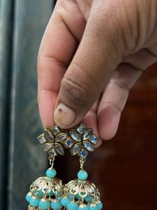 Elegant Jhumka Earrings with Turquoise Beads