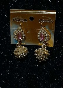 Elegant Pearl &amp; Pink Stone Earrings