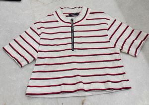 Striped Cropped T-Shirt with Zipper Neck