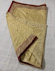 Cream &amp; Maroon Embroidered Saree With Blouse