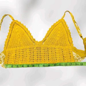 Yellow Crochet Crop Top with Tie Back