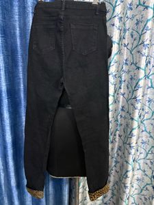 Black Denim Jeans with Leopard Print Cuffs