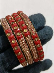 Red Glass Bangles with Gold Accent