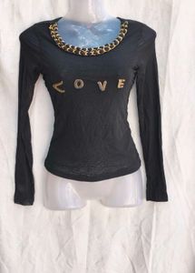 I. Black 'Love' Chain Detail Long Sleeve Top