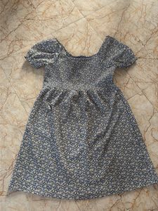 Blue Floral Smocked Puff Sleeve Dress