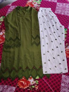 Green Kurta with White Pants Set