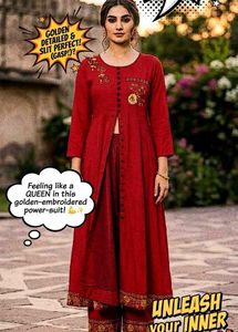 Red Kurta n plazo set with Golden Embroidery
