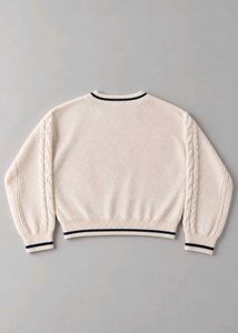 IVORY CABLE-KNIT STRIPED TRIM SWEATER