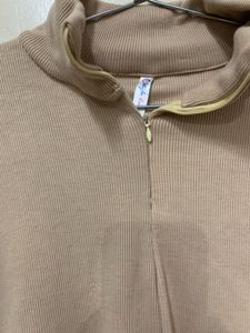 Beige Ribbed Zip Neck Top
