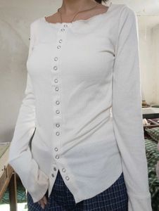 Cream Ribbed Button-Up Long Sleeve Top