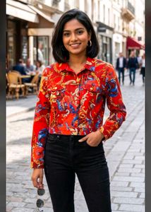 Stylish Red Baroque Print Cropped Jacket