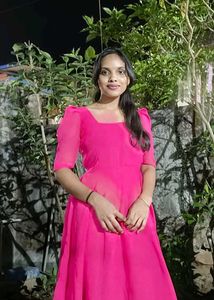 Vibrant Pink Square Neck Puff Sleeve Midi Dress