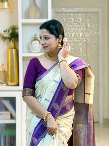 Elegant Cream &amp; Purple Saree