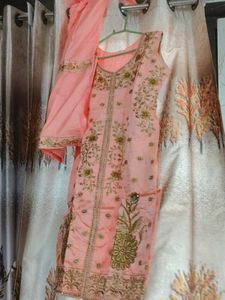 Peach Embroidered Kurta Set with Dupatta