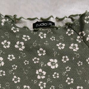 Green Floral Ribbed Cropped Top